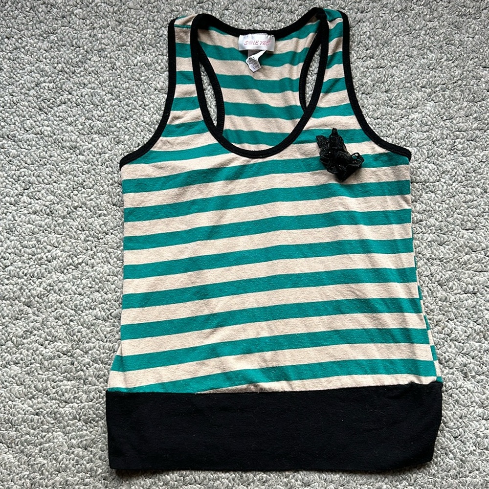 Sole Mio Striped Floral Embellished T Back Tank